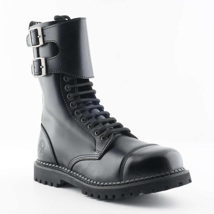 Grinders CAMELOT 14 Eye New Lace Up Rock Twin Buckle Boot Black Leather