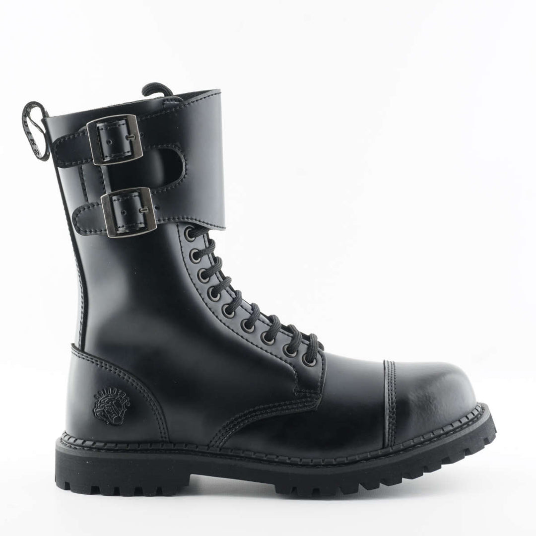 Grinders CAMELOT 14 Eye New Lace Up Rock Twin Buckle Boot Black Leather