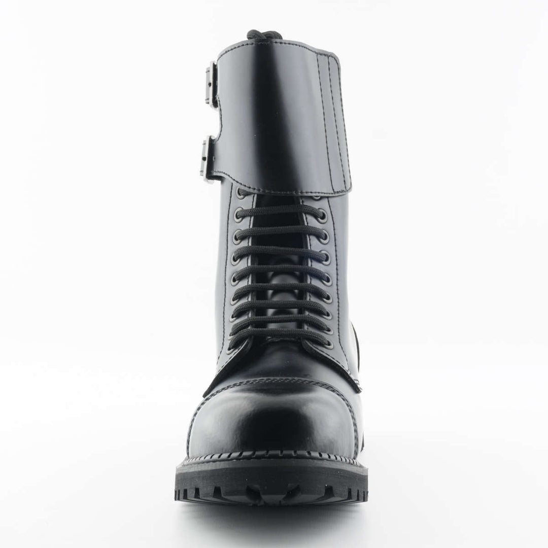 Grinders CAMELOT 14 Eye New Lace Up Rock Twin Buckle Boot Black Leather