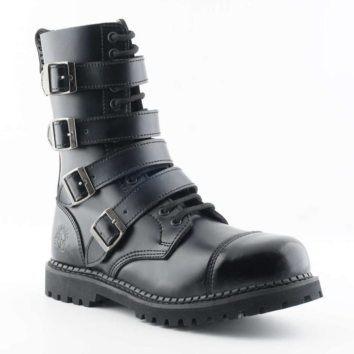 Grinders QUAD 14 Eyelet New Steel Toe Cap Rock 4 Buckle Boots Black Leather