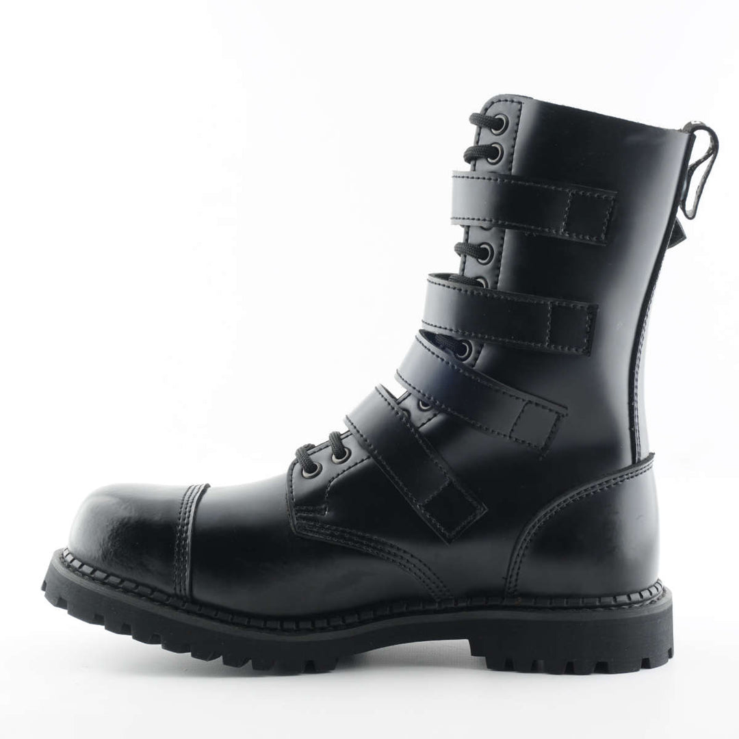 Grinders QUAD 14 Eyelet New Steel Toe Cap Rock 4 Buckle Boots Black Leather