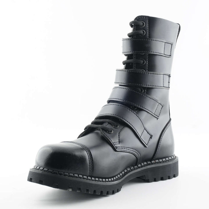 Grinders QUAD 14 Eyelet New Steel Toe Cap Rock 4 Buckle Boots Black Leather